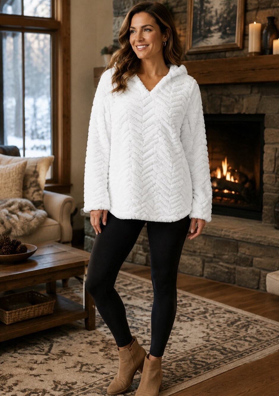 AuneLiege Women’s Medium White Sherpa Hoodie Pullover Chevron Plush Cozy